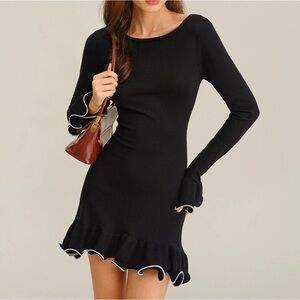 NWT RIHOAS Black Contrasting Bell Sleeve Knit Sweater Dress